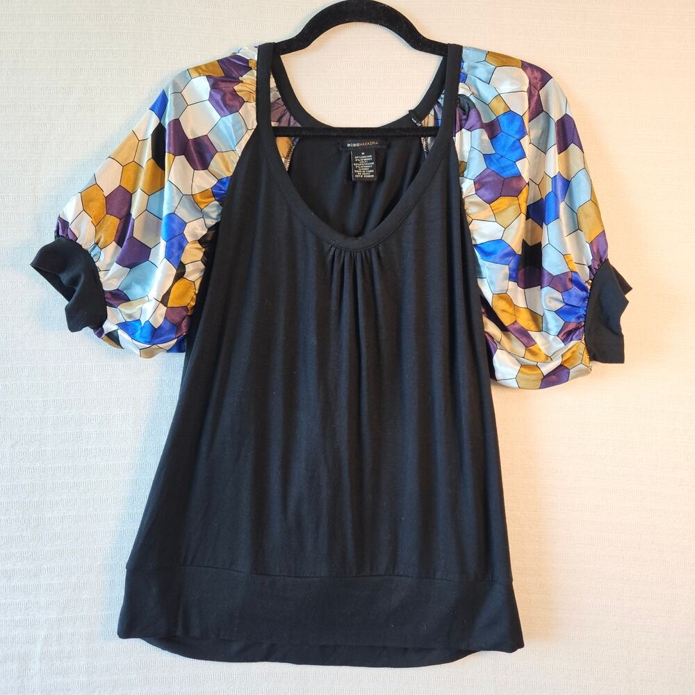 BCBG Max Azria Women's Black/Multicolor Geometric Puffy Sleeve Blouse Medium